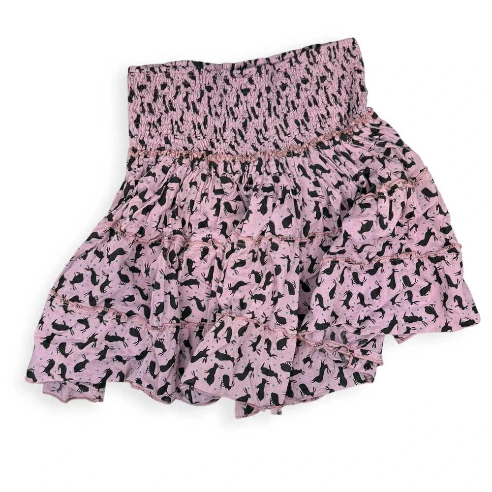 Perry Walker Smocked Tiered Cotton Rabbit Print‎ Mini Skirt 1